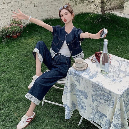 Denim With Lace Border Crop Tops With Pant